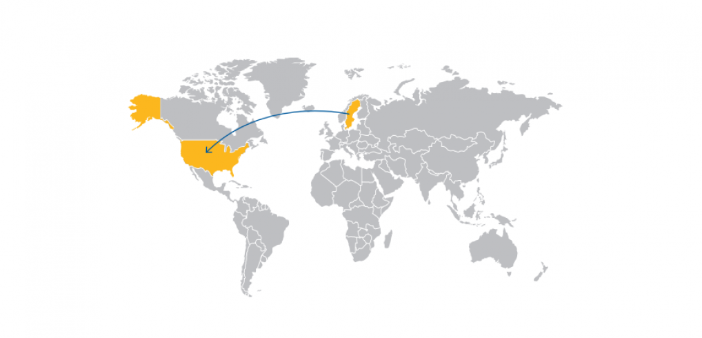 Map with arrow from Sweden to US